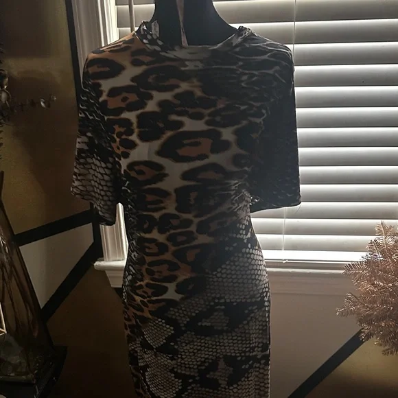 Fashion Nova Black and Tan Mixed Animal Print Midi Dress - Picture 2 of 8